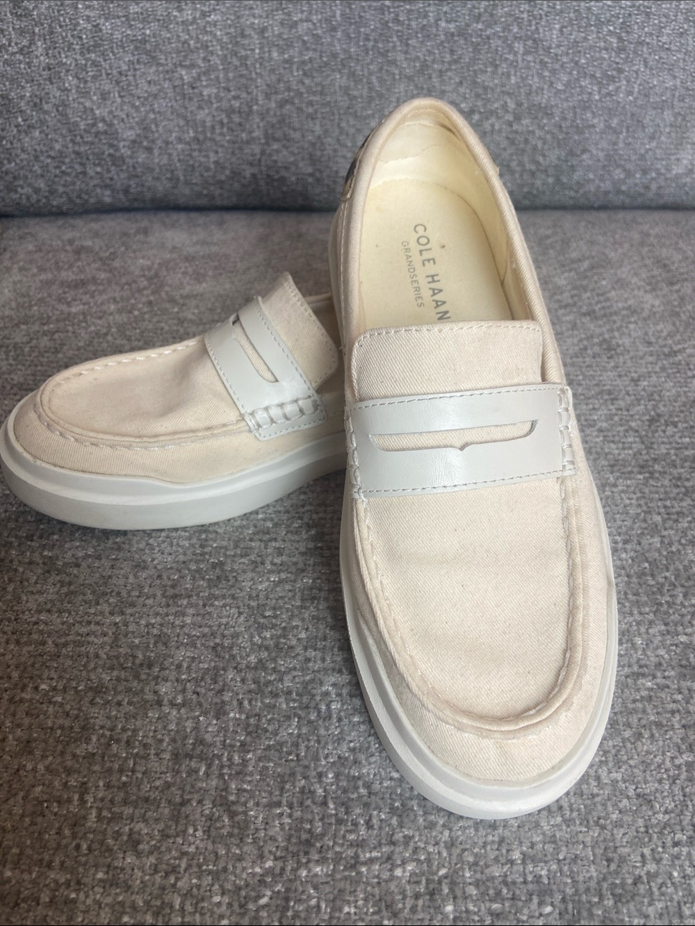 Cole Haan Womens Cream Canvas Penny Loafers with White Trim